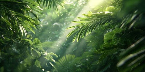 Fototapeta na wymiar An enchanting view of sunlight streaming through dense green leaves, evoking a serene and vibrant lush forest scene
