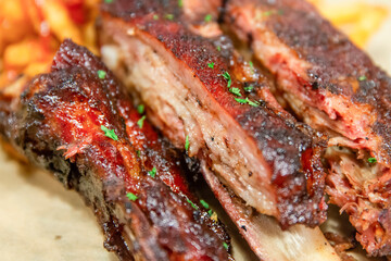 View of the rib barbecue on the plate