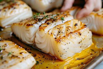 Chef cooking grilled fish filet in butter lemon or cajun sauce with herbs and garnish