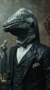 In photorealistic style, depict a stylish humpback whale humanoid in a sleek black tuxedo, browsing designer dresses at a high-end boutique from a birds-eye view Capture the essence of a glamorous fas