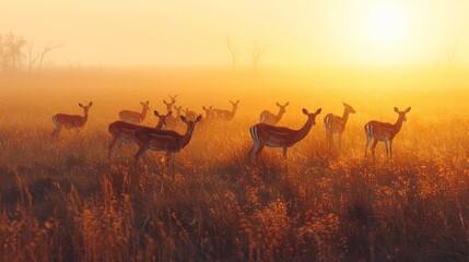A herd of impalas grazing peacefully in the golden light of dawn on the savanna.