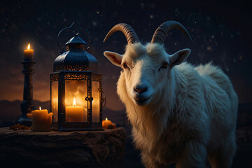 Naklejka premium Eid al adha background with pictures of goat with islamic lantern Eid al adha greeting, goat, Eid, Eid ul adha, background, eid background. ai generated