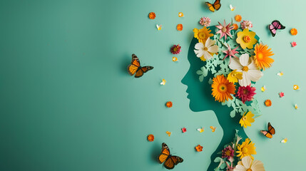 Cardboard silhouette of human head decorated with flowers and butterfly on mint background World mental health day concept Vertical banner Copy space : Generative AI - Powered by Adobe