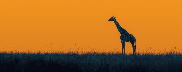 A single giraffe standing tall against the horizon in the African savanna. - obrazy, fototapety, plakaty