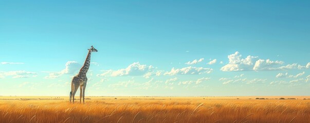 A single giraffe standing tall against the horizon in the African savanna.