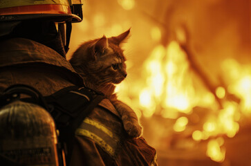 A firefighter rescued a cat from the fire