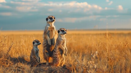 A family of meerkats standing guard in the minimalist savanna landscape.