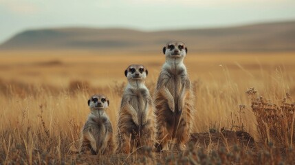 A family of meerkats standing guard in the minimalist savanna landscape. - obrazy, fototapety, plakaty