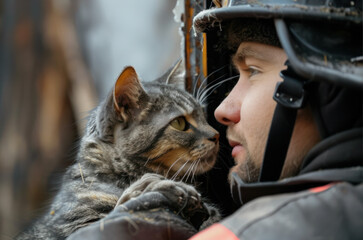 A firefighter rescued a cat from the fire