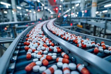 A conveyor belt with many pills on it in a factory area with lights in the background and a conveyor