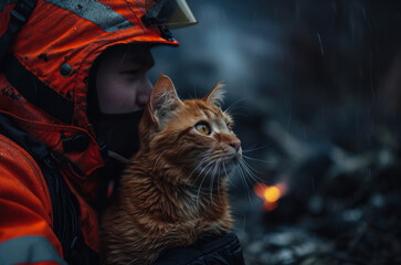 A firefighter rescued a cat from the fire