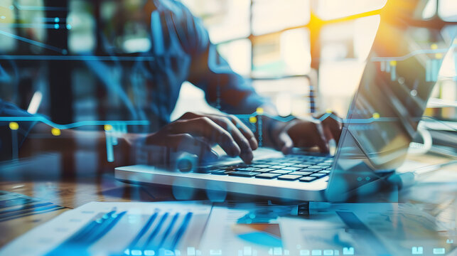 copy space banner panorama Businessman working on desk using calculator to calculate numbers and data recording on laptop computer financial accounting concepts : Generative AI