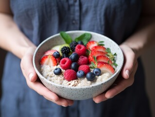 Person enjoying a bowl of oatmeal topped with fresh berries and raspberries