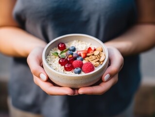 A person delicately holds a bowl filled with wholesome oatmeal, vibrant fruit, and crunchy nuts