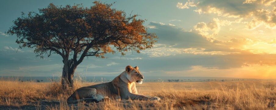 A pride of lions basking in the warm glow of the setting sun on the savanna.