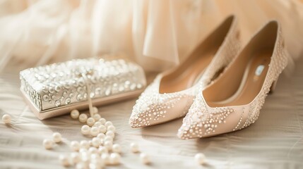 Fototapeta na wymiar shoes of the bride with shiny pebbles stand next to a white clutch