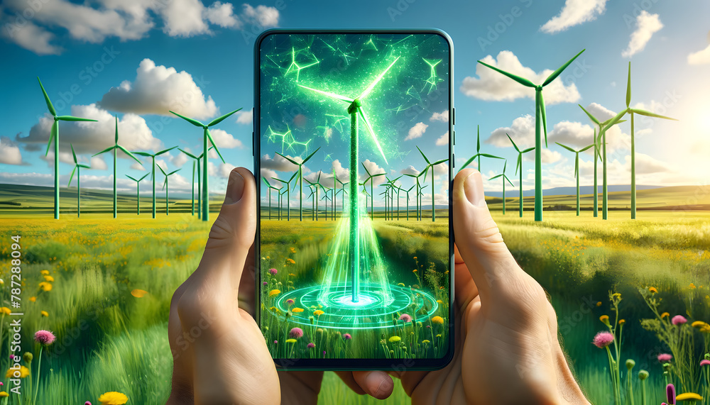 Poster the smartphone screen displays a 3d holographic projection of green wind turbines in a field. the tu