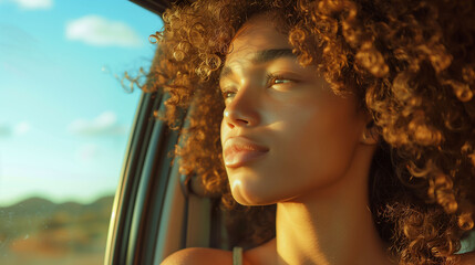Curly Hair Journey: Adventure on the Open Road - obrazy, fototapety, plakaty