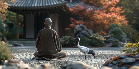 Fototapeta premium A monk in deep meditation alongside a crane, symbolizing harmony with nature in a Zen garden