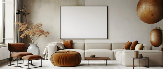 A contemporary living room setup with chic furniture and an empty white canvas for artistic freedom
