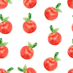 Summer pattern with red apples on a white background, texture with juicy ripe fruit with a green leaf, seamless, light, print on fabric, paper, food packaging. The design elements are drawn by hand.