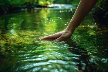 Hand touching green water in a river, with reflections of sunlight and foliage, symbolizing human connection and responsibility towards water conservation
