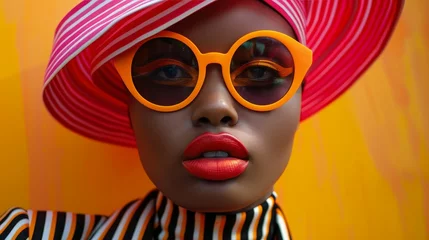 Craft a vibrant portrait where the subject's attire features bold striped patterns © Supasin