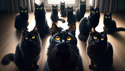 An assembly of black cats in a dark environment where only their glowing yellow eyes are visible.