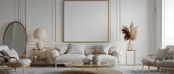 A chic living area that exudes luxury with plush textures, a gold and white palette, and a central golden frame ready for art - obrazy, fototapety, plakaty