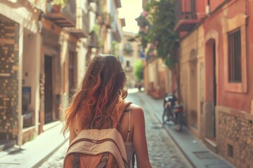 Young backpacker woman solo traveler exploring streets of old town in spain on holiday trip
