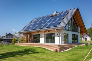 New modern eco-friendly passive house with photovoltaic system and solar panels on gable roof - obrazy, fototapety, plakaty
