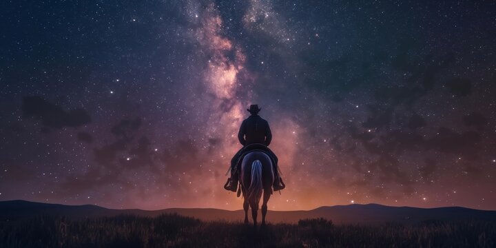 A solitary cowboy on horseback gazes at a majestic Milky Way in a clear night sky, evoking a sense of adventure and solitude