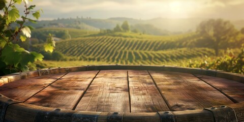 An old wooden barrel overlooks the rolling hills of a sun-kissed Tuscan vineyard at sunset - obrazy, fototapety, plakaty