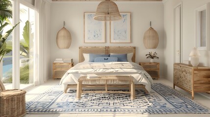 natural coastal interior bedroom beautiful example of modern coastal style including a soft natural color palette, natural elements cane bed blue and white patterned rug and white nights house design - obrazy, fototapety, plakaty
