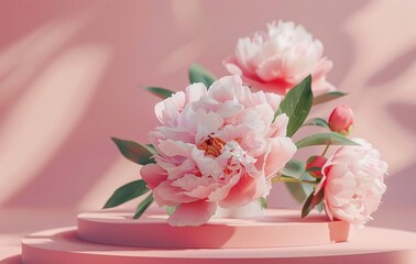 Cosmetic background for spa treatments on a light background. Light atmosphere, peonies, stone for products. Beauty and health concept. Quiet luxury.