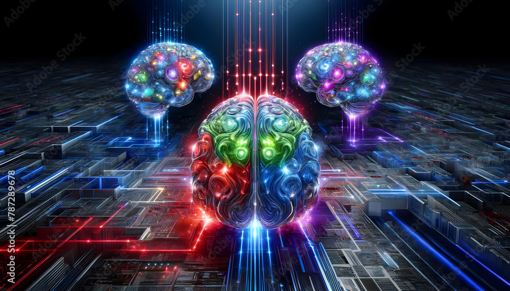 Poster ai brain integrated set against a backdrop of intricate electrical circuitry.