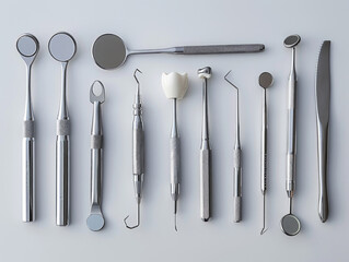 Collezione di vari strumenti dentali in acciaio inossidabile disposti in modo professionale su una superficie bianca - obrazy, fototapety, plakaty