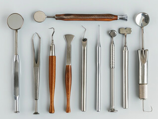 Collezione di vari strumenti dentali in acciaio inossidabile disposti in modo professionale su una superficie bianca - obrazy, fototapety, plakaty