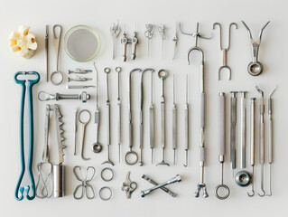 Collezione di vari strumenti dentali in acciaio inossidabile disposti in modo professionale su una superficie bianca