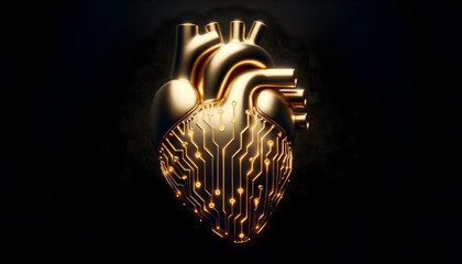 Concept of heart and AI. A single prominent AI heart composed of streamlined, glowing circuits in neon red, centrally positioned against a stark, dark background.