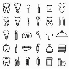 Collezione di icone  che rappresentano strumenti dentali e prodotti per l'igiene