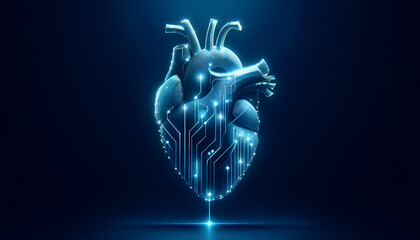 Concept of heart and AI. A single prominent AI heart composed of streamlined, glowing circuits in neon red, centrally positioned against a stark, dark background.