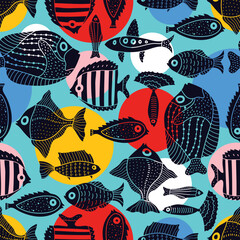 Cute fish and polka dot. Kids background. Seamless pattern. Can be used in textile industry, paper, background, scrapbooking. - 787290083