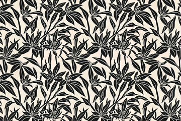 Toile pattern tapestry. Linocut print. Monochrome botanical pattern background. Created with Generative AI technology.