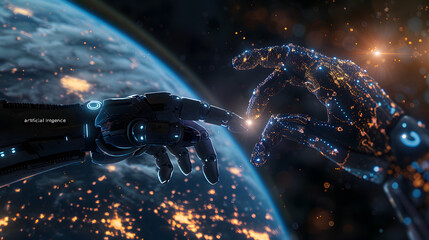 A glowing humanoid robot hand stretches towards the viewer against a vivid galactic panorama, symbolizing advanced AI