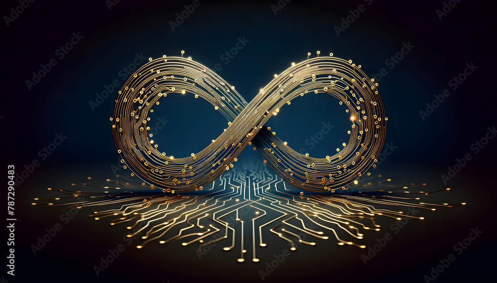 Poster an infinity symbol, crafted from a flowing ribbon of golden light that twists and turns, creating a 
