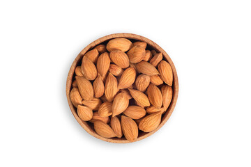 Bowl of roasted almonds on a white background. Dried nuts, top view - 787290408