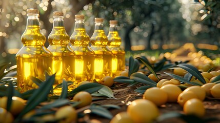 Golden olive oil bottles in rural field under morning sun, wide banner with copy space