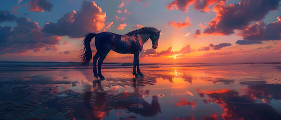 Striking image of a horse's silhouette against a fiery sunset, reflecting serenity and the wild spirit of the animal - obrazy, fototapety, plakaty