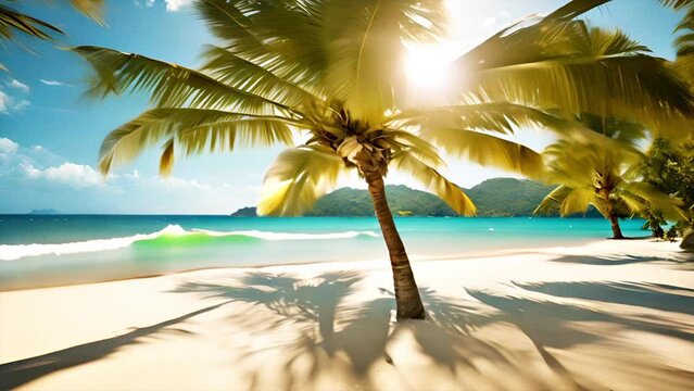 Tropical paradise. Serene beach with palm trees and crystal waters. Landscape live wallpapers. Beautiful slow motion footage. View of horizon. Abstract background of nature view.